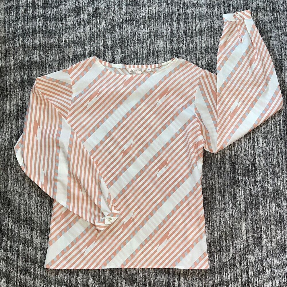 VTG Women’s Porsha Made In USA Orange‎ White Slanted Stripes LS Sheer 70s Retro